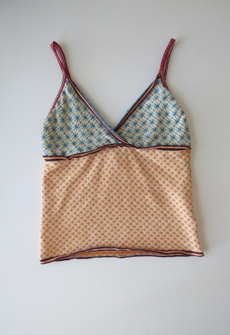 Vintage Kookai Knit Cami, French Blue Orange Snowflake Print Bralette Tank Top,